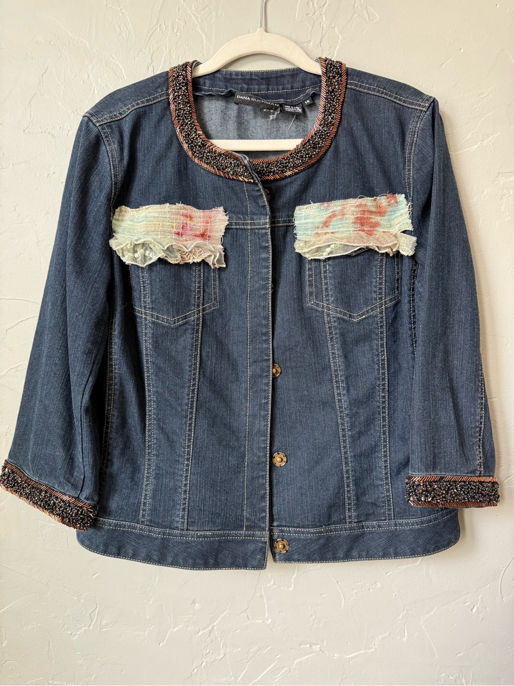 Custom Upcycled Dana Buchman Denim Jacket- Beaded Tulle Fringe Ruffle Size 14